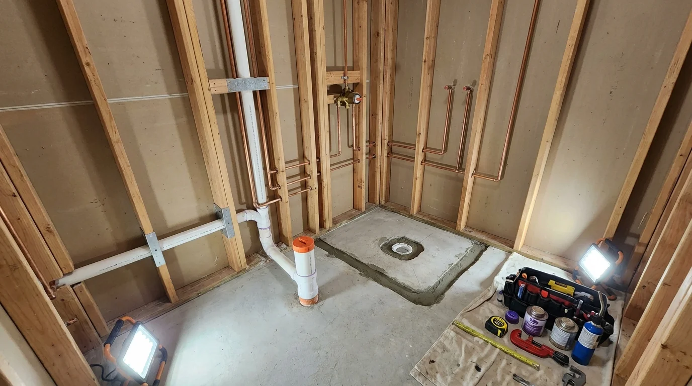 Bathroom rough-in plumbing during remodel by Johns Plumbing LLC in Johnstown