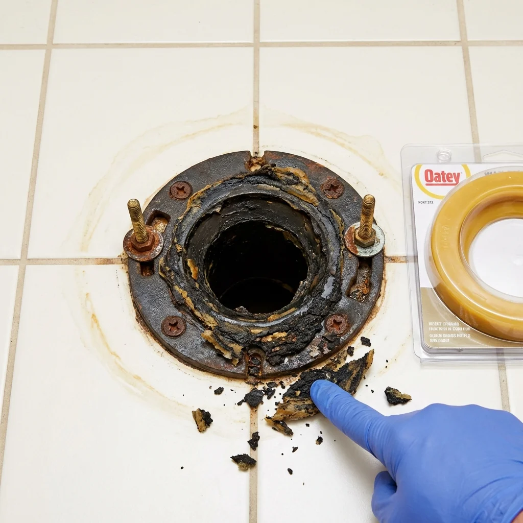 Failed wax ring showing water seepage at the base of a toilet in a Johnstown, NY home