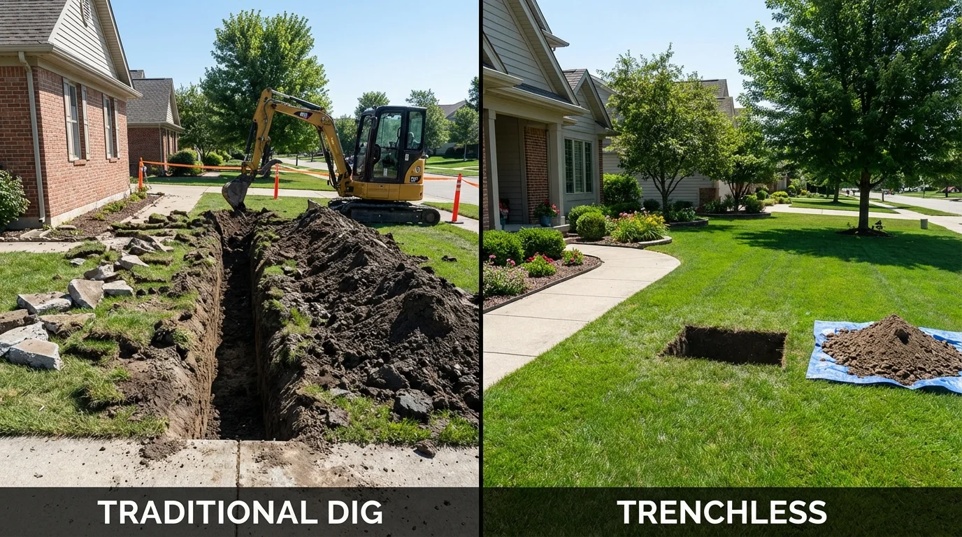 Trenchless sewer repair with minimal yard damage versus traditional excavation in Johnstown, NY