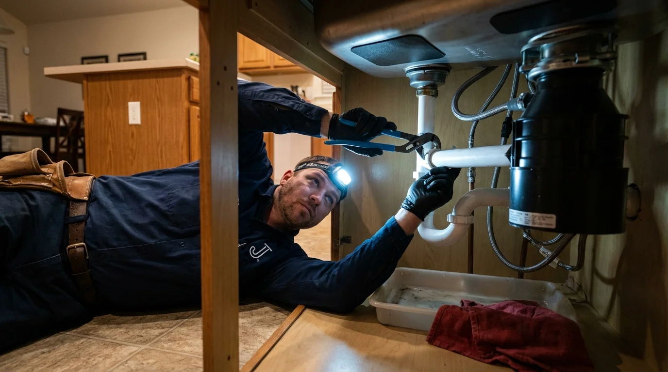P-trap and supply line connections under a kitchen sink showing a common leak point in Johnstown, NY